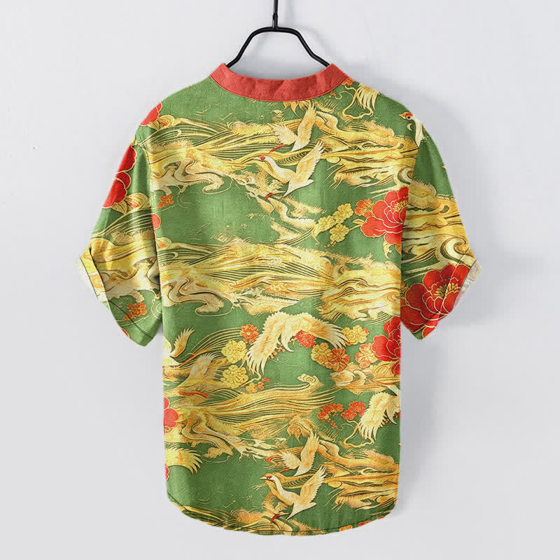 Nimara Ritual Cotton Vintage White Crane Peony Pattern Men's Short Sleeve Half Button Shirt