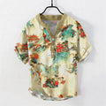 Nimara Ritual Cotton Oriental Landscape Pagodas Mountains Pattern Men's Short Sleeve Half Button Shirt