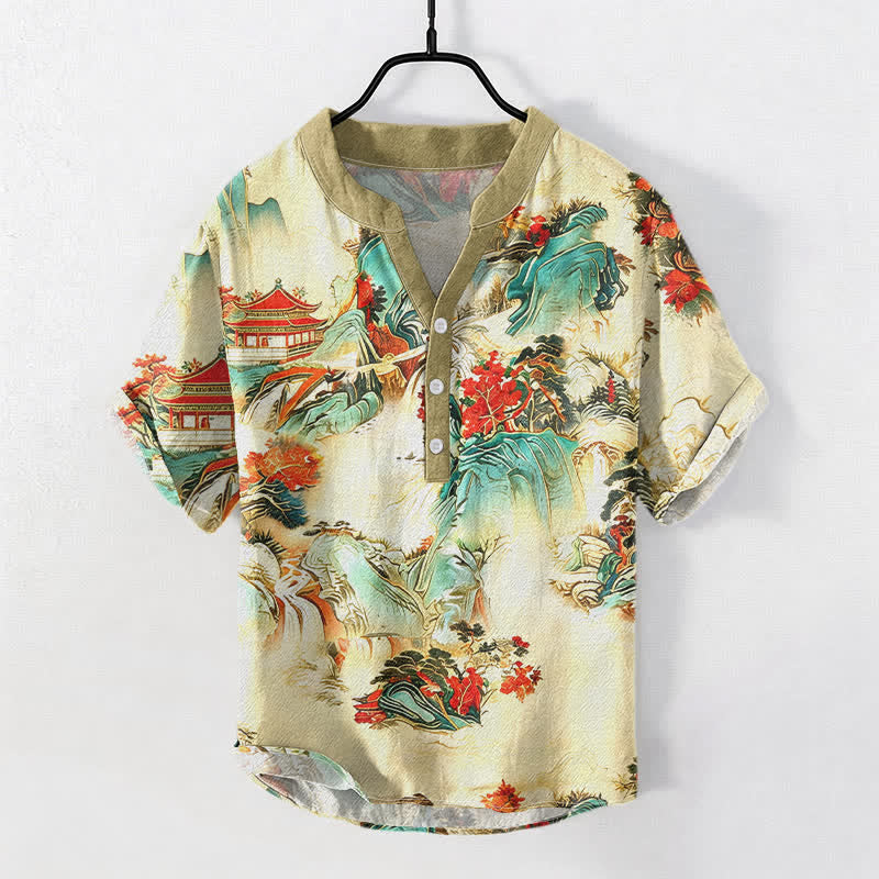 Nimara Ritual Cotton Oriental Landscape Pagodas Mountains Pattern Men's Short Sleeve Half Button Shirt