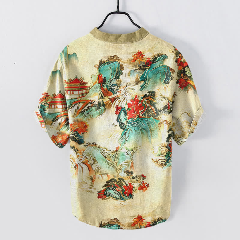 Nimara Ritual Cotton Oriental Landscape Pagodas Mountains Pattern Men's Short Sleeve Half Button Shirt