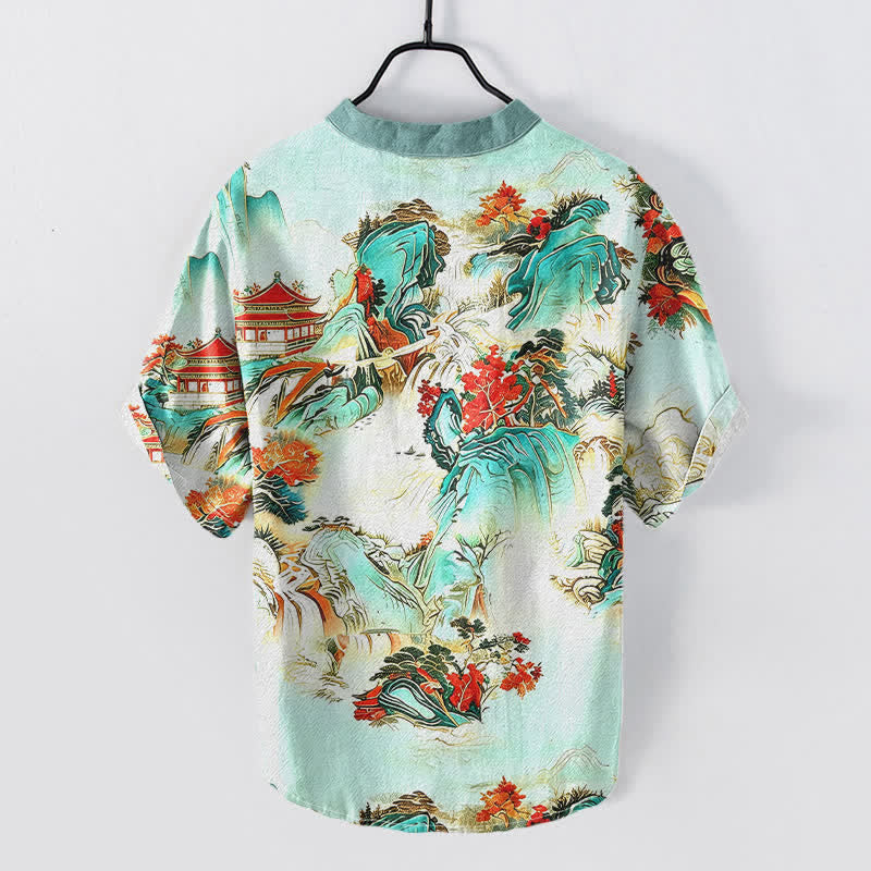 Nimara Ritual Cotton Oriental Landscape Pagodas Mountains Pattern Men's Short Sleeve Half Button Shirt
