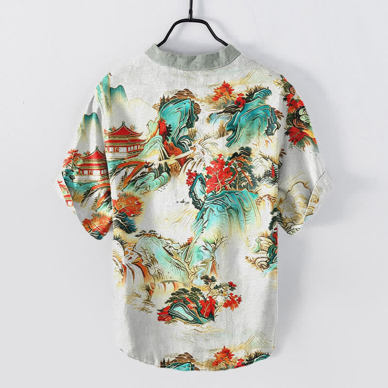 Nimara Ritual Cotton Oriental Landscape Pagodas Mountains Pattern Men's Short Sleeve Half Button Shirt