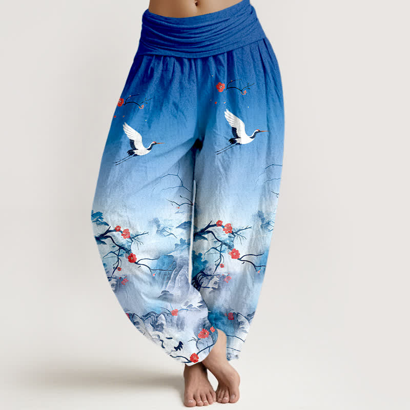 Nimara Ritual Pure Cotton Blue Ombre Crane Blossom Pattern Women's Elastic Waist Harem Pants