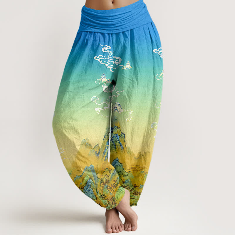 Nimara Ritual Pure Cotton Ink Wash Mountain Gradient Pattern Women's Elastic Waist Harem Pants