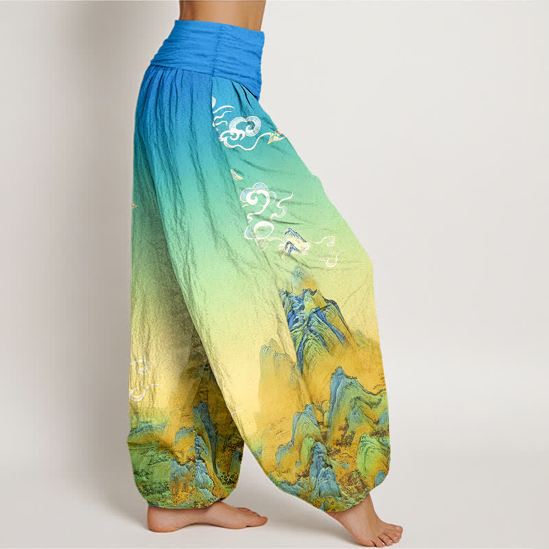 Nimara Ritual Pure Cotton Ink Wash Mountain Gradient Pattern Women's Elastic Waist Harem Pants