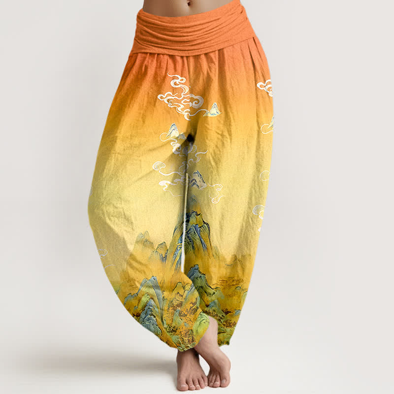 Nimara Ritual Pure Cotton Ink Wash Mountain Gradient Pattern Women's Elastic Waist Harem Pants
