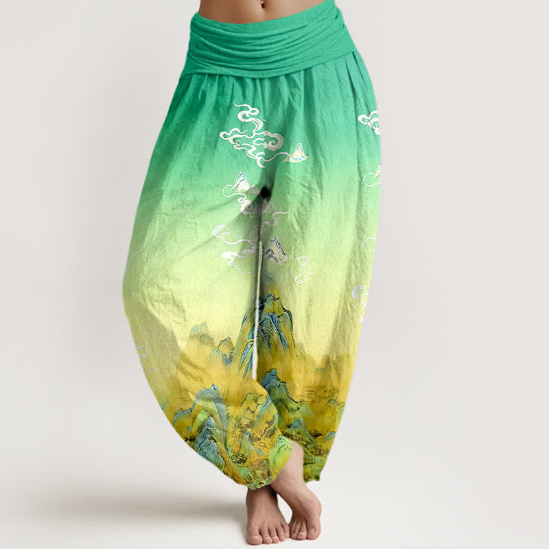 Nimara Ritual Pure Cotton Ink Wash Mountain Gradient Pattern Women's Elastic Waist Harem Pants
