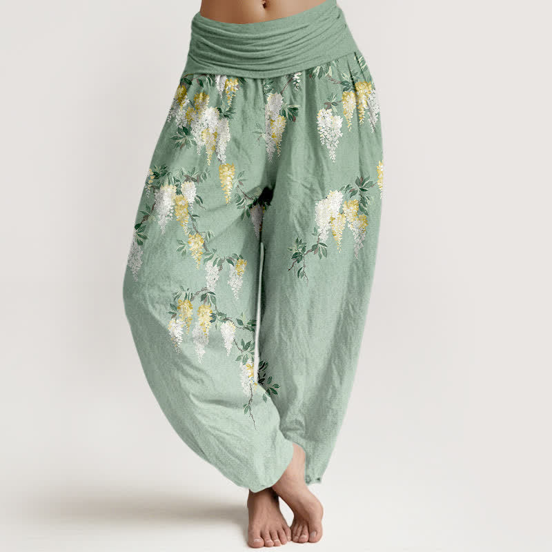 Nimara Ritual Pure Cotton White Yellow Blossom Cluster Pattern Women's Elastic Waist Harem Pants