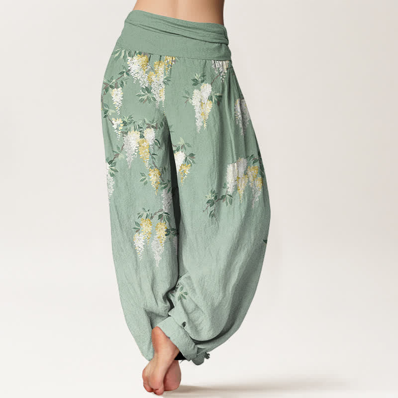 Nimara Ritual Pure Cotton White Yellow Blossom Cluster Pattern Women's Elastic Waist Harem Pants