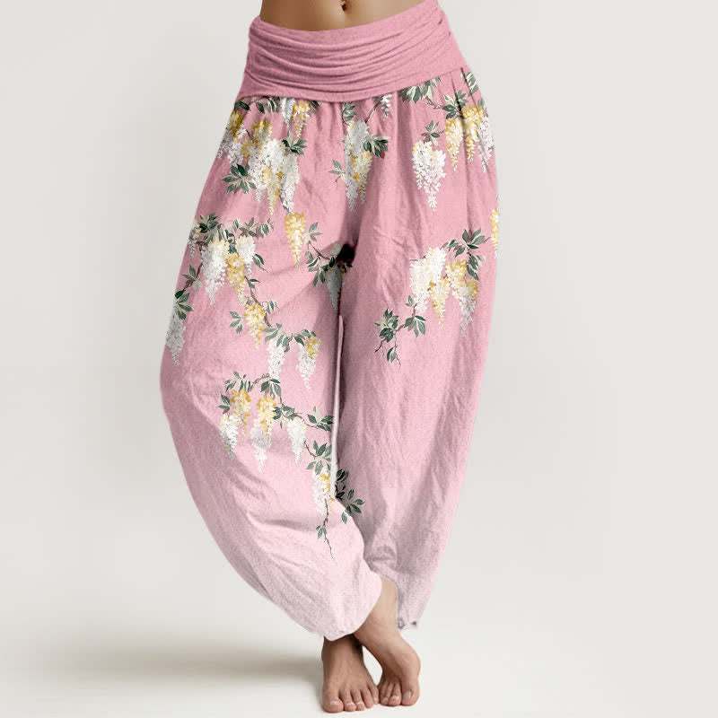 Nimara Ritual Pure Cotton White Yellow Blossom Cluster Pattern Women's Elastic Waist Harem Pants
