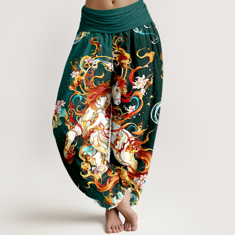 Nimara Ritual Pure Cotton Mythical Phoenix Flame Pattern Women's Elastic Waist Harem Pants