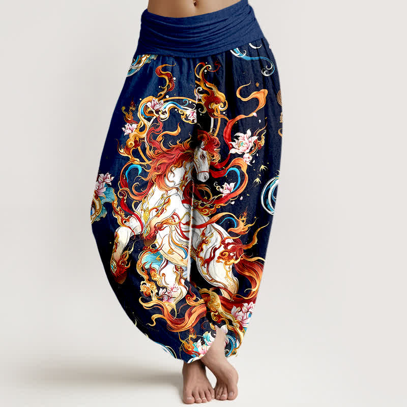 Nimara Ritual Pure Cotton Mythical Phoenix Flame Pattern Women's Elastic Waist Harem Pants
