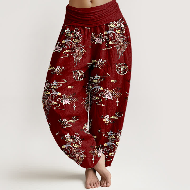 Nimara Ritual Pure Cotton Oriental Cloud Floral Pattern Women's Elastic Waist Harem Pants