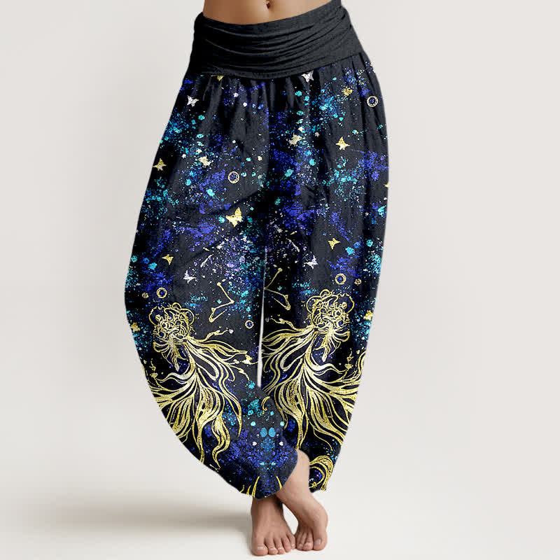 Nimara Ritual Pure Cotton Celestial Galaxy Butterfly Pattern Women's Elastic Waist Harem Pants