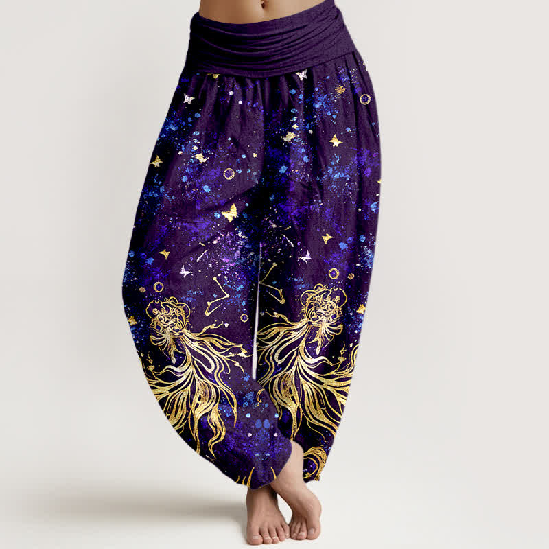 Nimara Ritual Pure Cotton Celestial Galaxy Butterfly Pattern Women's Elastic Waist Harem Pants
