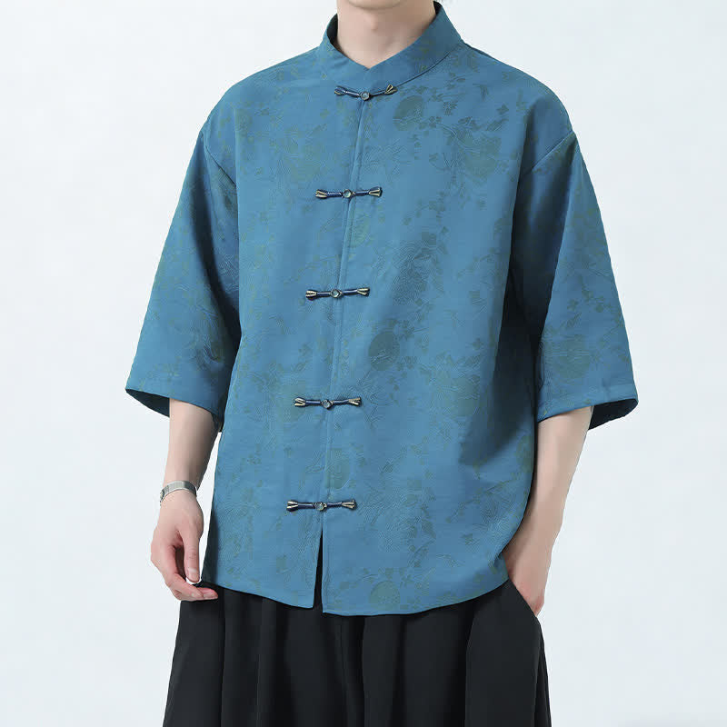 Nimara Ritual Summer Tang Style Mandarin Collar Frog Button Side Slit Solid Men's Elbow-Length Sleeve Shirts