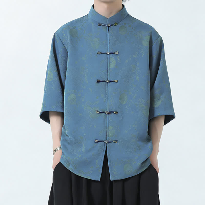 Nimara Ritual Summer Tang Style Mandarin Collar Frog Button Side Slit Solid Men's Elbow-Length Sleeve Shirts