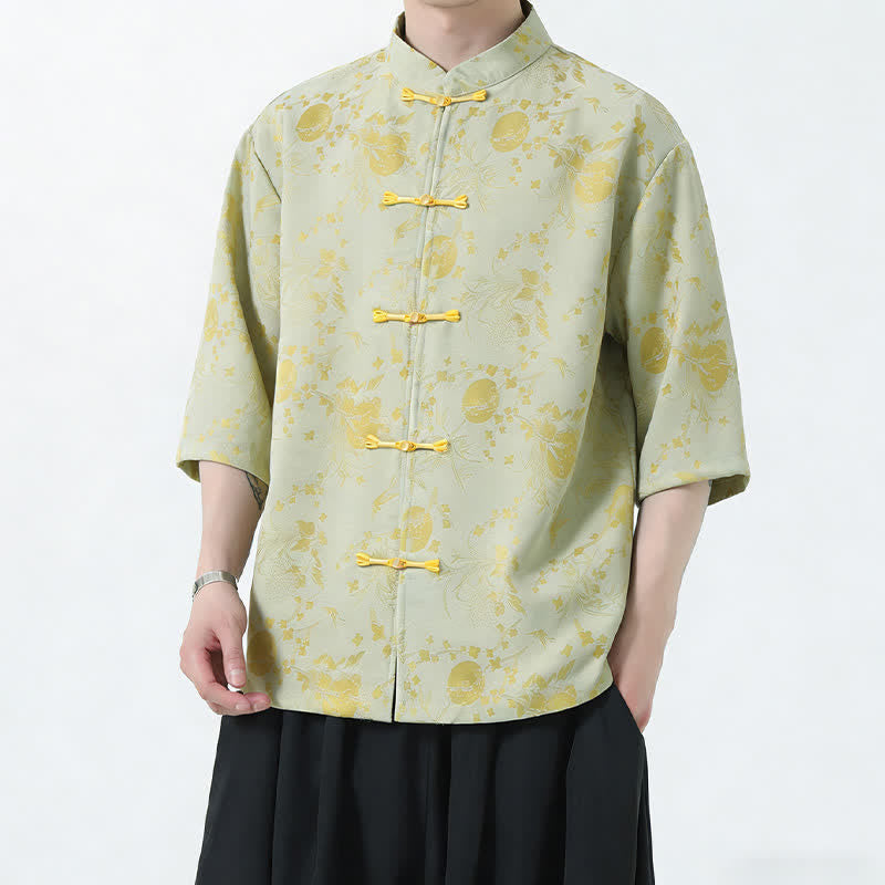Nimara Ritual Summer Tang Style Mandarin Collar Frog Button Side Slit Solid Men's Elbow-Length Sleeve Shirts