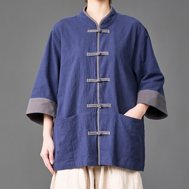 Nimara Ritual Summer Tang Style Mandarin Collar Frog button Solid Men's Elbow-Length Sleeve Shirts With Pockets