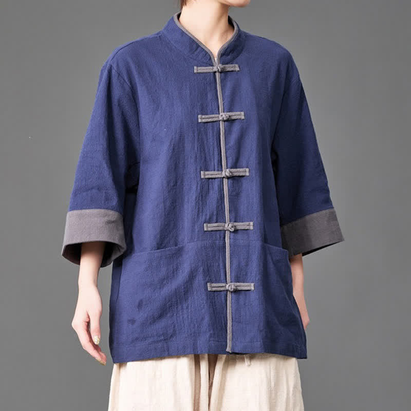 Nimara Ritual Summer Tang Style Mandarin Collar Frog button Solid Men's Elbow-Length Sleeve Shirts With Pockets