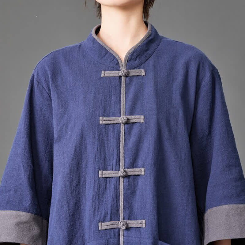 Nimara Ritual Summer Tang Style Mandarin Collar Frog button Solid Men's Elbow-Length Sleeve Shirts With Pockets