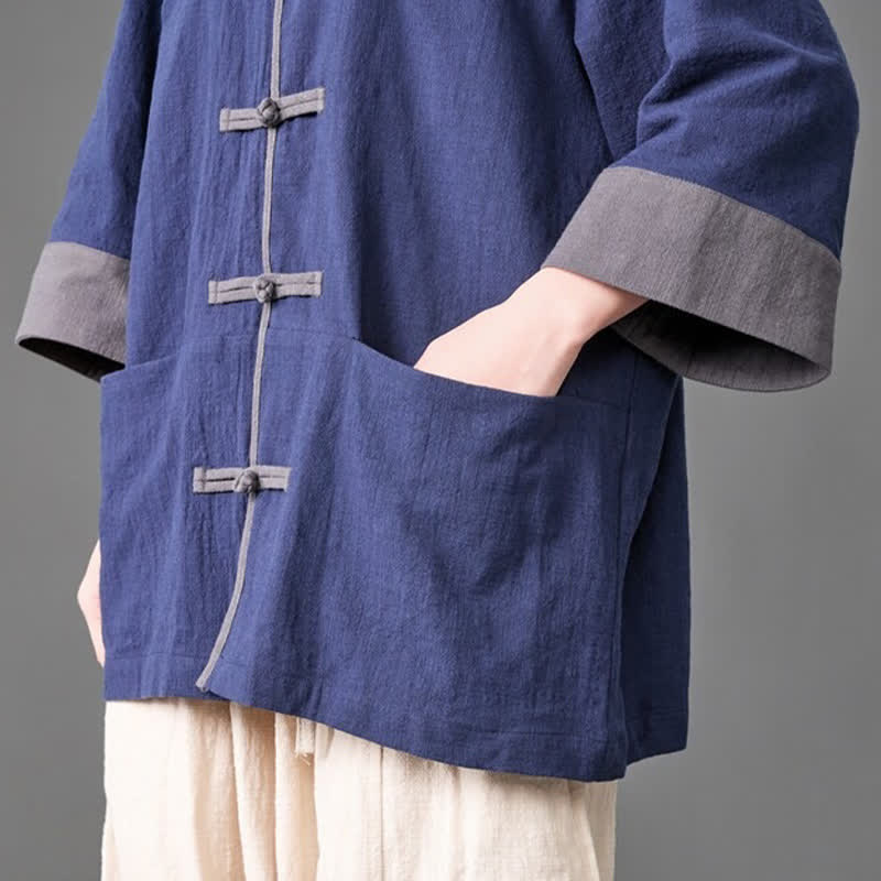 Nimara Ritual Summer Tang Style Mandarin Collar Frog button Solid Men's Elbow-Length Sleeve Shirts With Pockets