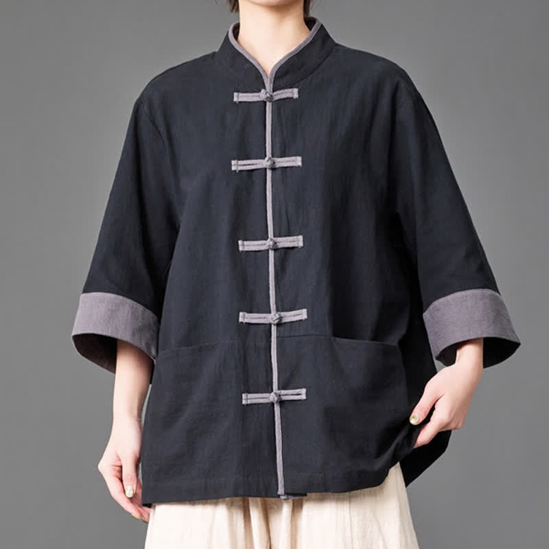 Nimara Ritual Summer Tang Style Mandarin Collar Frog button Solid Men's Elbow-Length Sleeve Shirts With Pockets