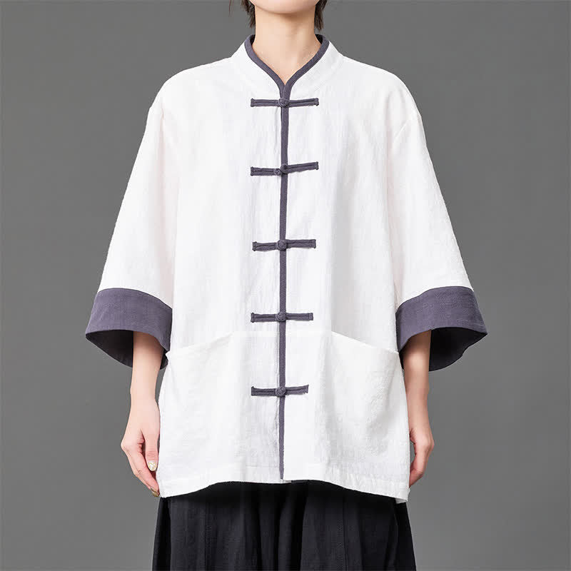 Nimara Ritual Summer Tang Style Mandarin Collar Frog button Solid Men's Elbow-Length Sleeve Shirts With Pockets
