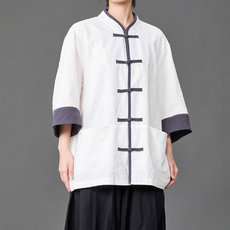 Nimara Ritual Summer Tang Style Mandarin Collar Frog button Solid Men's Elbow-Length Sleeve Shirts With Pockets