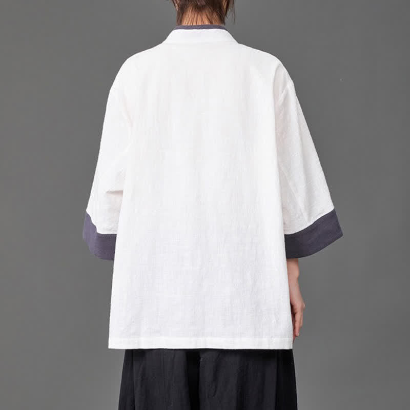 Nimara Ritual Summer Tang Style Mandarin Collar Frog button Solid Men's Elbow-Length Sleeve Shirts With Pockets