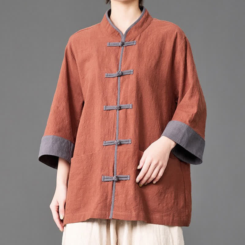 Nimara Ritual Summer Tang Style Mandarin Collar Frog button Solid Men's Elbow-Length Sleeve Shirts With Pockets