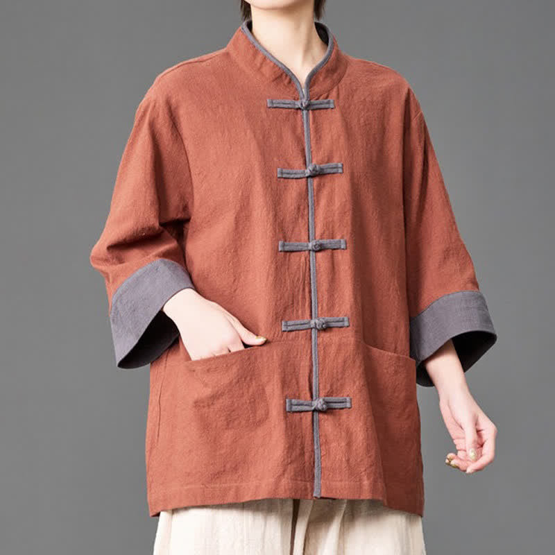 Nimara Ritual Summer Tang Style Mandarin Collar Frog button Solid Men's Elbow-Length Sleeve Shirts With Pockets