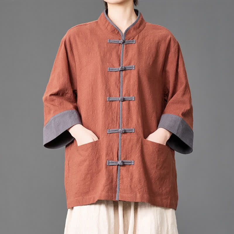Nimara Ritual Summer Tang Style Mandarin Collar Frog button Solid Men's Elbow-Length Sleeve Shirts With Pockets
