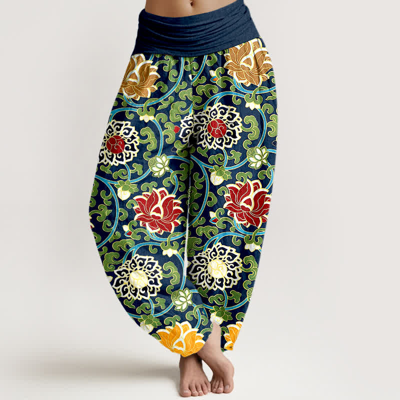Nimara Ritual Pure Cotton Bohemian Lotus Vine Pattern Women's Elastic Waist Harem Pants