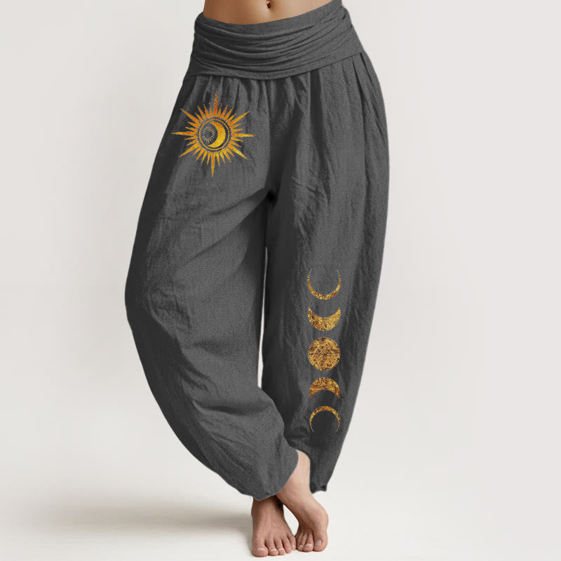 Nimara Ritual Pure Cotton Gold Sun Moon Phases Pattern Women's Elastic Waist Harem Pants