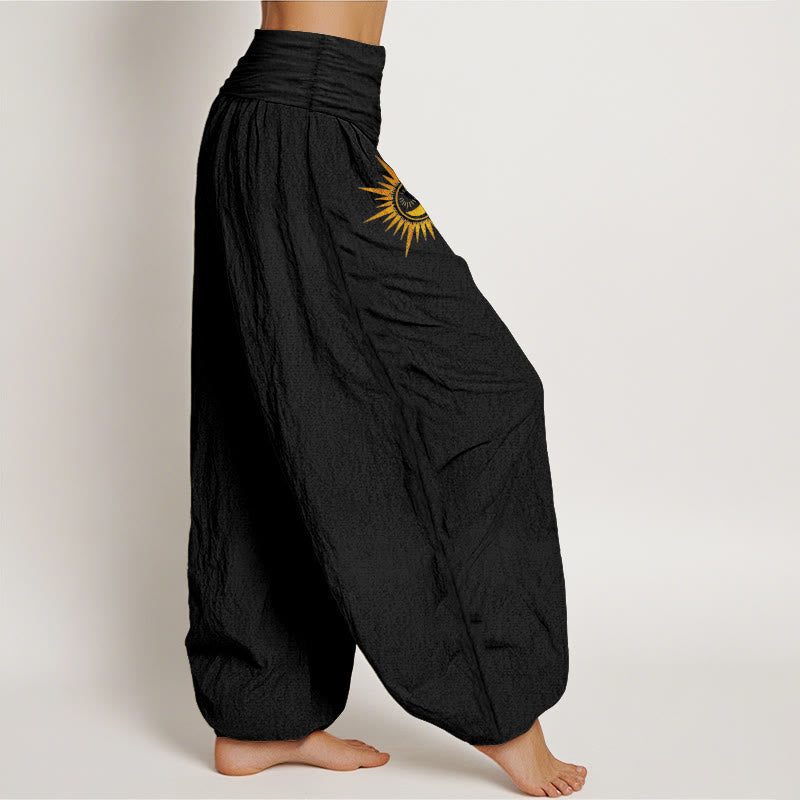 Nimara Ritual Pure Cotton Gold Sun Moon Phases Pattern Women's Elastic Waist Harem Pants