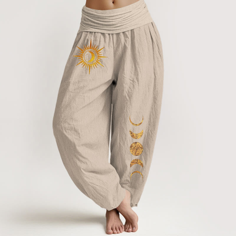 Nimara Ritual Pure Cotton Gold Sun Moon Phases Pattern Women's Elastic Waist Harem Pants