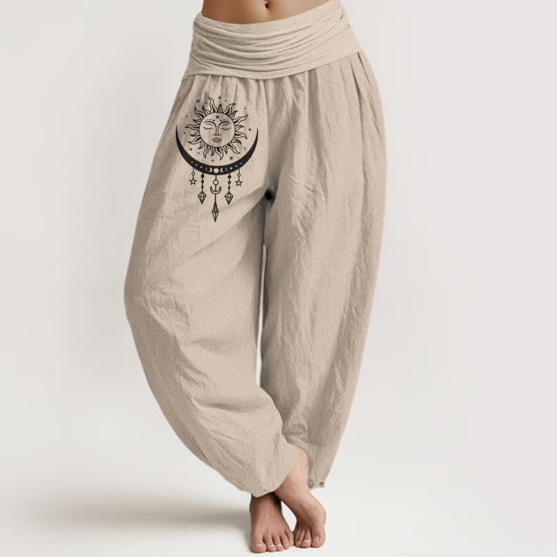 Nimara Ritual Pure Cotton Sun Moon Star Tassel Pattern Women's Elastic Waist Harem Pants
