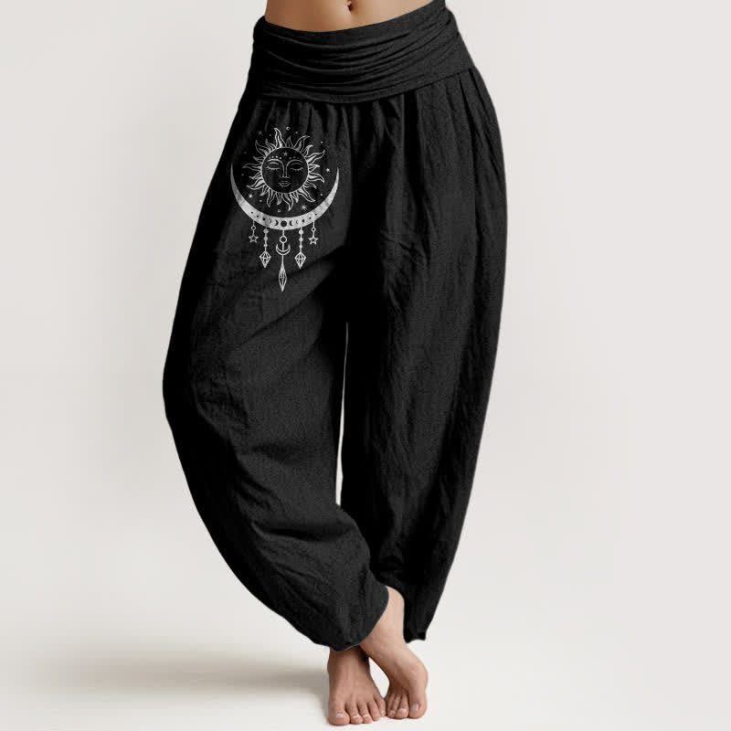 Nimara Ritual Pure Cotton Sun Moon Star Tassel Pattern Women's Elastic Waist Harem Pants