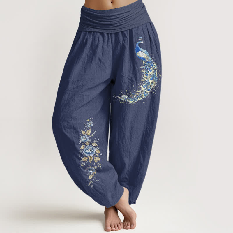 Nimara Ritual Pure Cotton Peacock Bloom Pattern Women's Elastic Waist Harem Pants