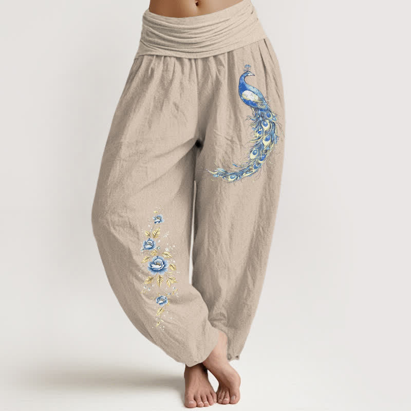 Nimara Ritual Pure Cotton Peacock Bloom Pattern Women's Elastic Waist Harem Pants