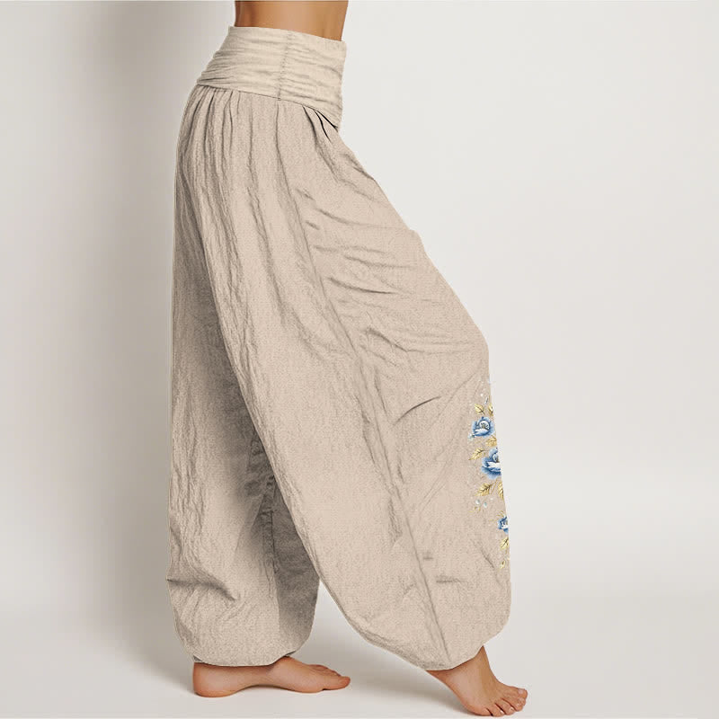Nimara Ritual Pure Cotton Peacock Bloom Pattern Women's Elastic Waist Harem Pants