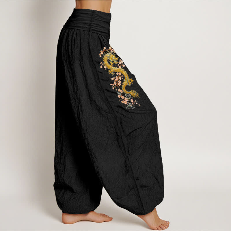 Nimara Ritual Pure Cotton Golden Dragon Pink Blossom Pattern Women's Elastic Waist Harem Pants