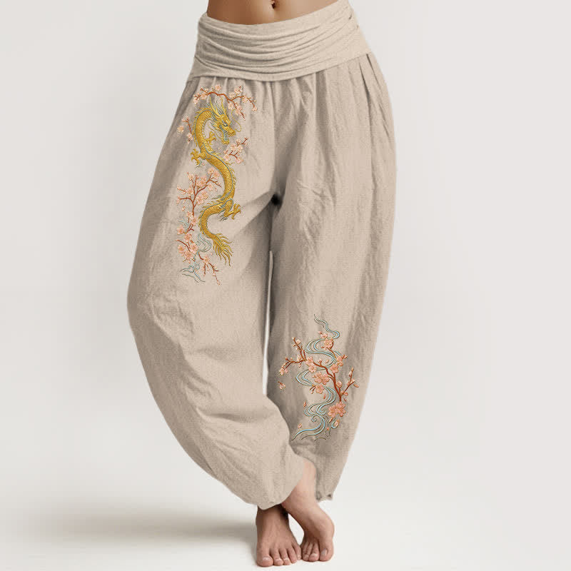 Nimara Ritual Pure Cotton Golden Dragon Pink Blossom Pattern Women's Elastic Waist Harem Pants