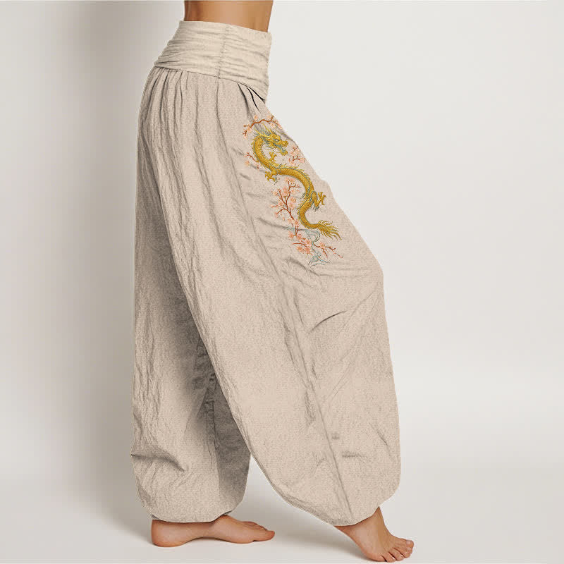 Nimara Ritual Pure Cotton Golden Dragon Pink Blossom Pattern Women's Elastic Waist Harem Pants