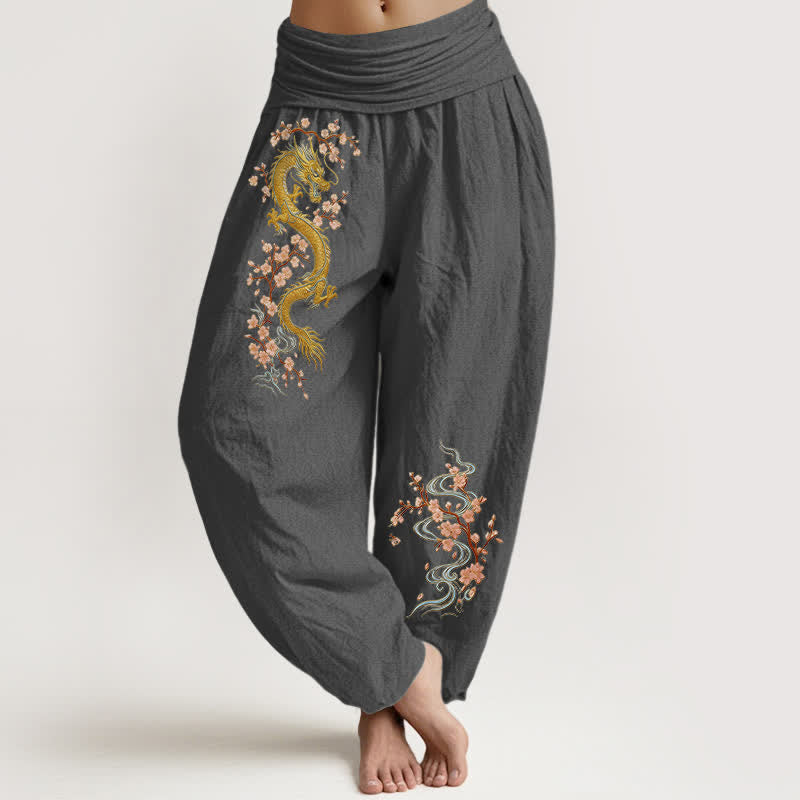 Nimara Ritual Pure Cotton Golden Dragon Pink Blossom Pattern Women's Elastic Waist Harem Pants