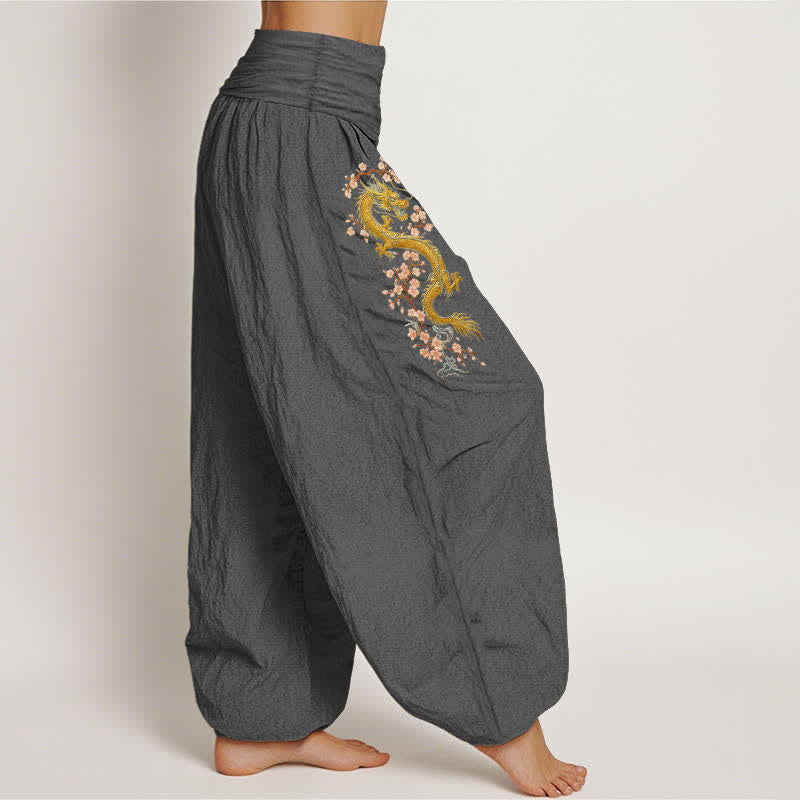 Nimara Ritual Pure Cotton Golden Dragon Pink Blossom Pattern Women's Elastic Waist Harem Pants