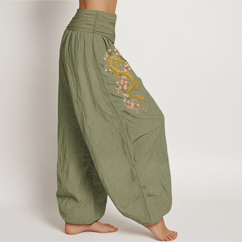 Nimara Ritual Pure Cotton Golden Dragon Pink Blossom Pattern Women's Elastic Waist Harem Pants