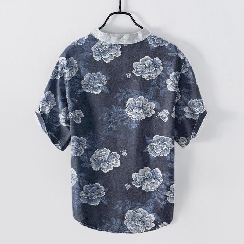 Nimara Ritual Cotton Vintage Peony Bloom Pattern Men's Short Sleeve Half Button Shirt