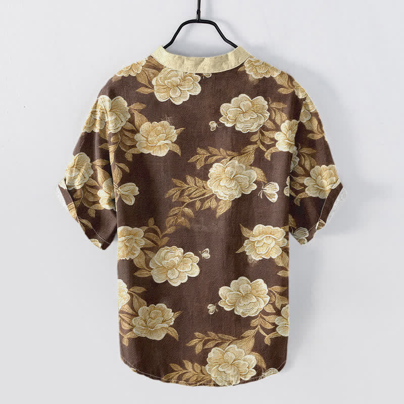Nimara Ritual Cotton Vintage Peony Bloom Pattern Men's Short Sleeve Half Button Shirt
